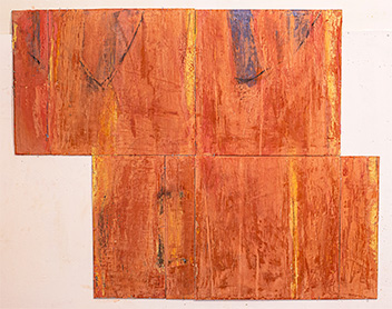 Red Field, 2022, 35x42x2&rdquo;, pigmented plaster on poplar